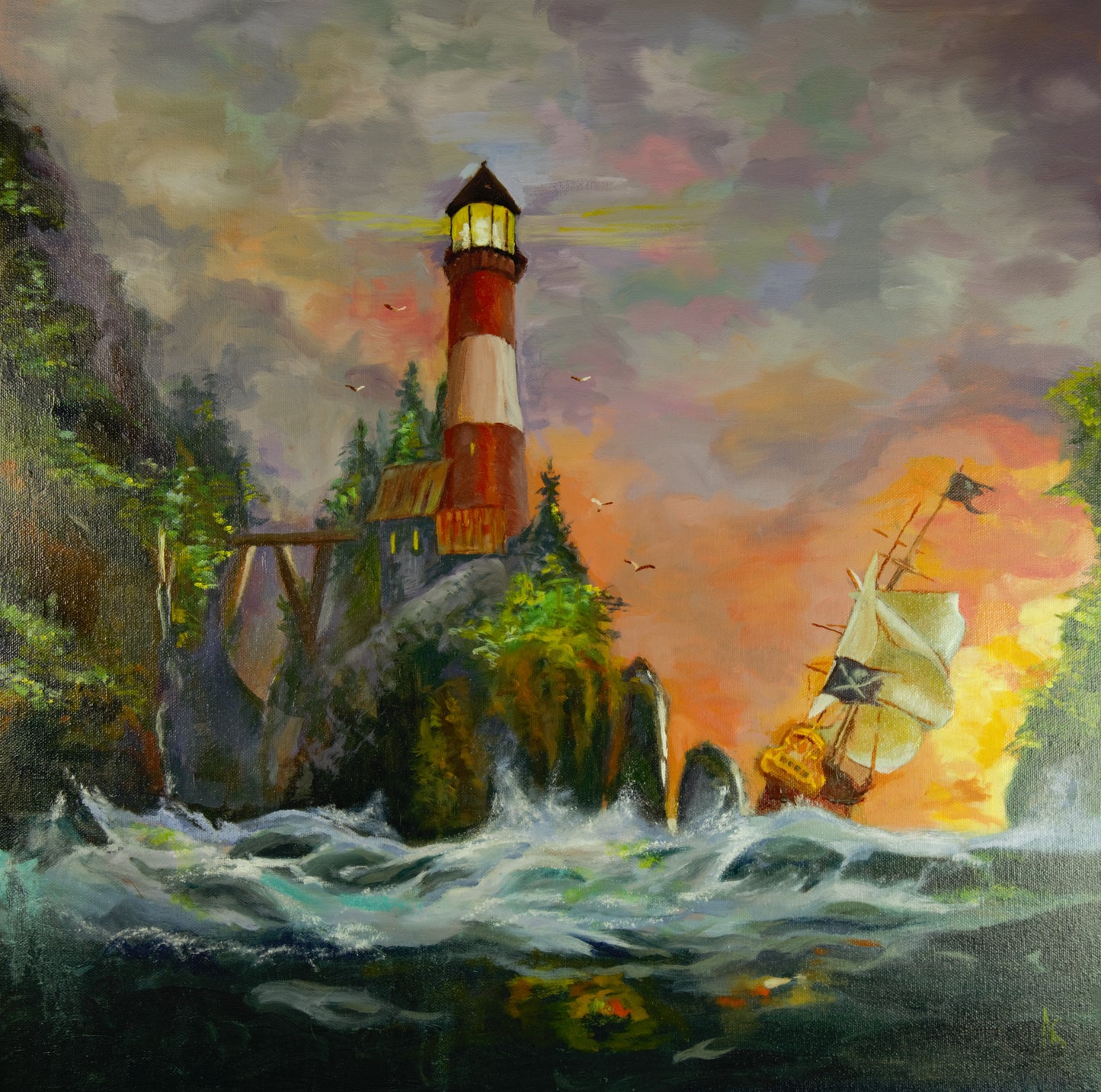 "Stormy Lighthouse at the End of the Day". High Quality Print of Landscape Oil Painting by Andy, Signed
