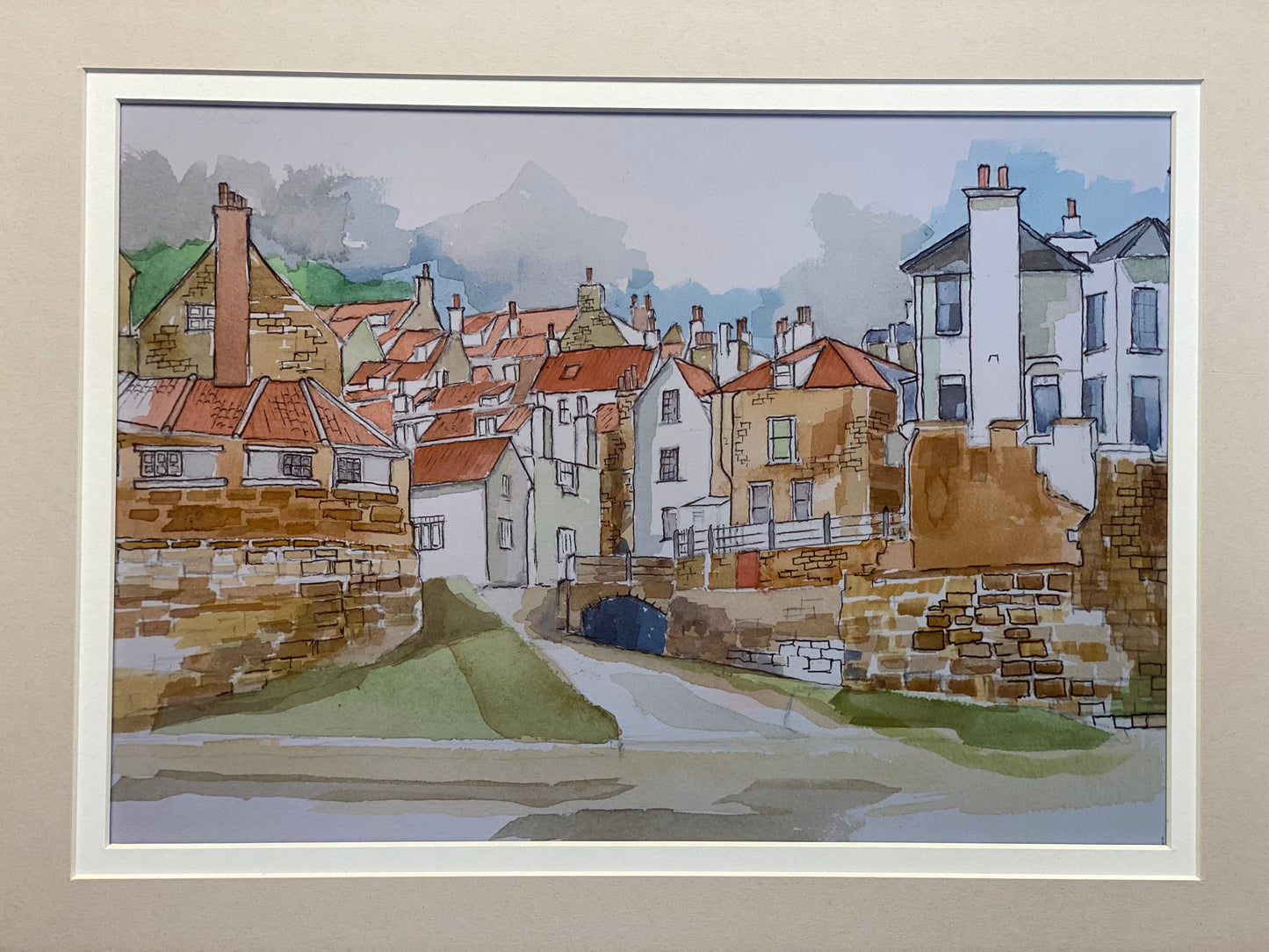 "Robin Hoods Bay watercolour", A4 Art Print Double Mounted