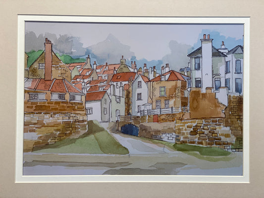 "Robin Hoods Bay watercolour", A4 Art Print Double Mounted