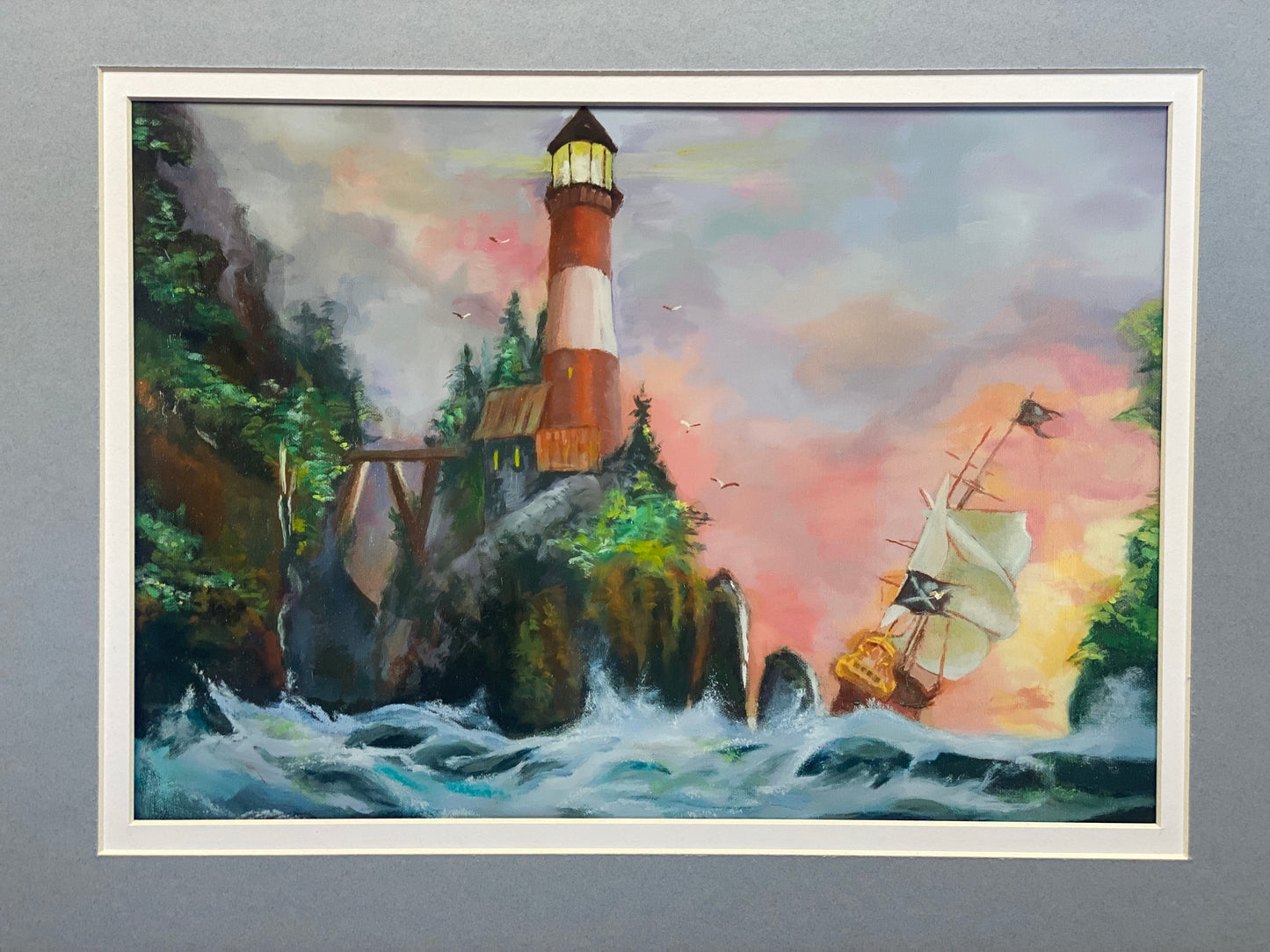 "Lighthouse at Sunset", A4 Art Print Double Mounted.