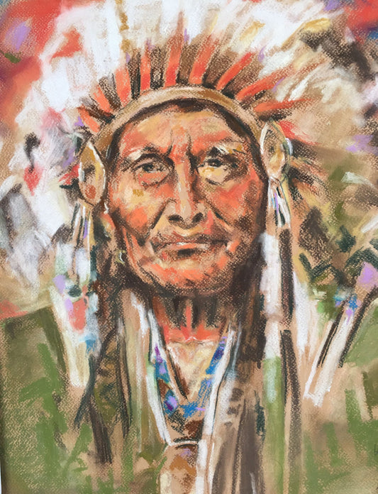 "Sitting Bull", Read Indian, Original Soft Pastel Artwork, Signed by Andy