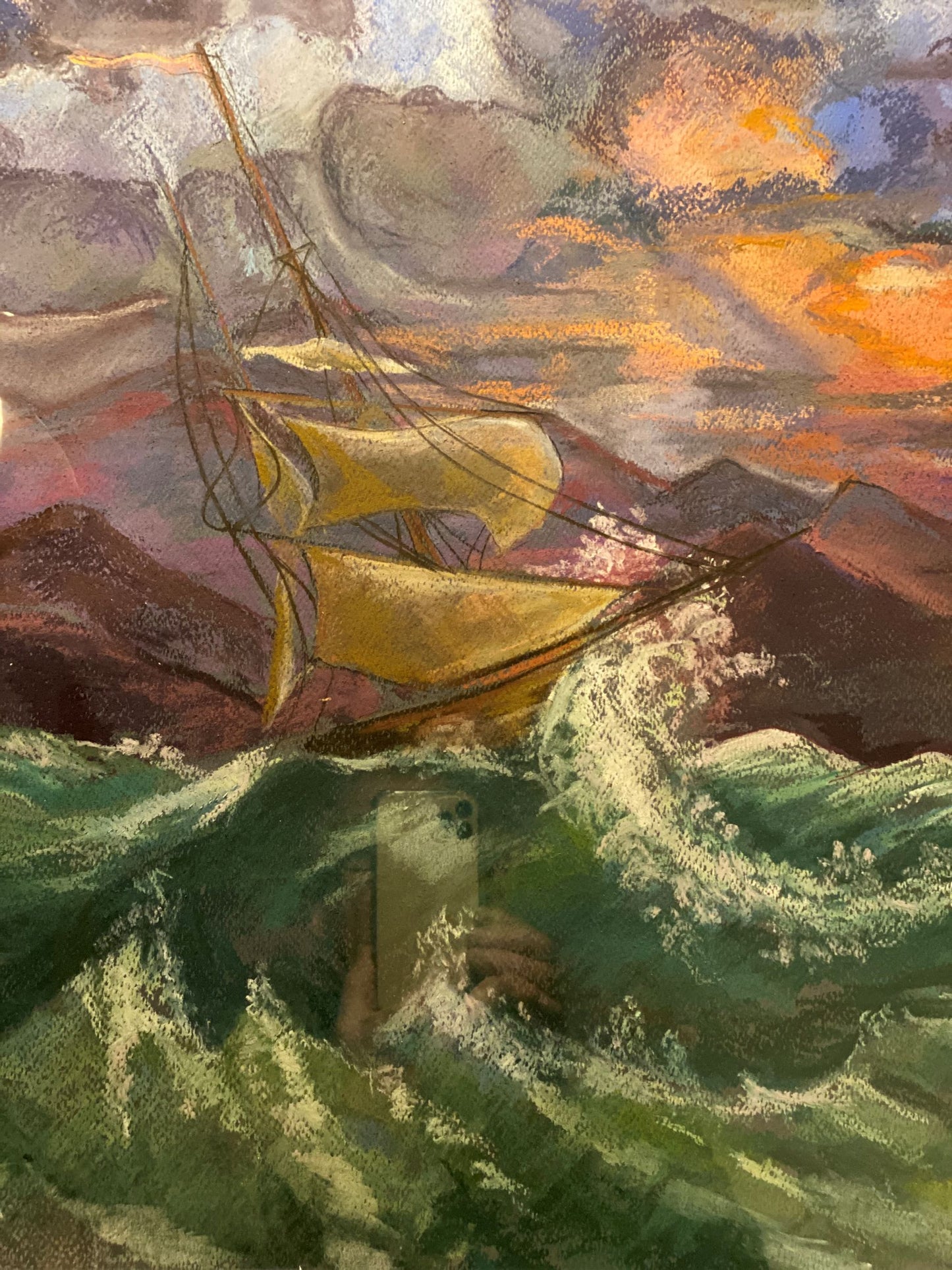 "Schooner on Stormy Seas", Original Soft Pastel Artwork Signed by Andy