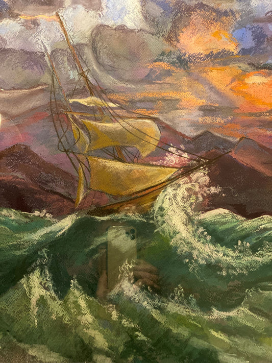 "Schooner on Stormy Seas", Original Soft Pastel Artwork Signed by Andy