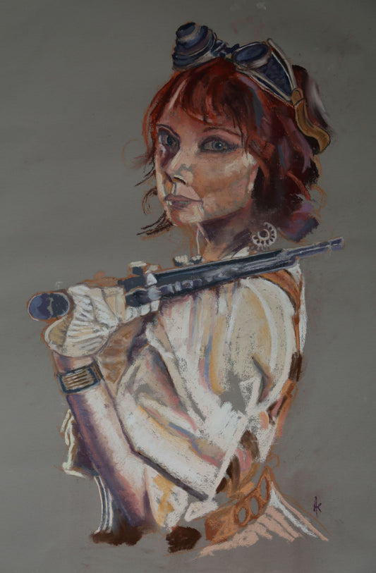 "Steampunk Girl with Gun", Original Soft Pastel Portrait, Signed by Andy